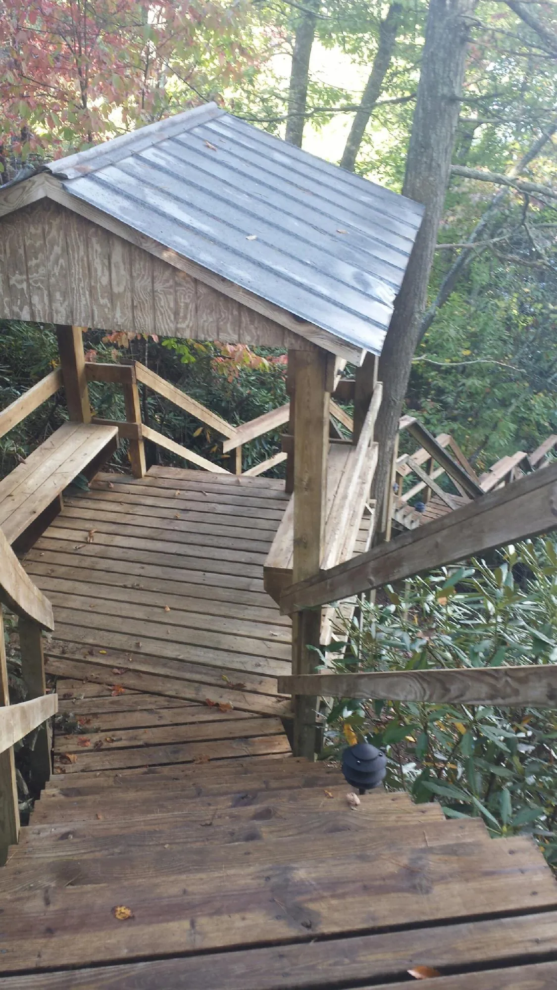 Metal roofed shelter over wooden steps on a wooded walkway — Skylight Repair & Installation work by our crew in Bern